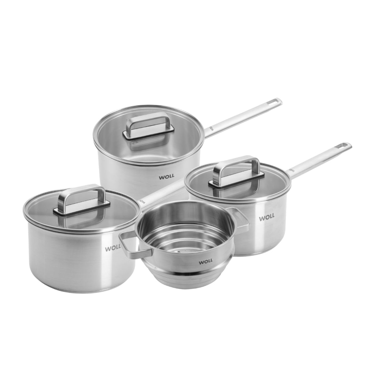 Woll 4 piece stainless steel saucepan set with lids and steamer insert