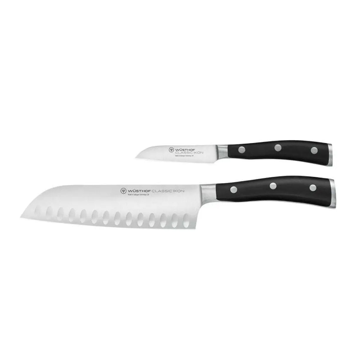 Wusthof Classic Ikon paring and Santoku knife set with black handles and stainless steel blades