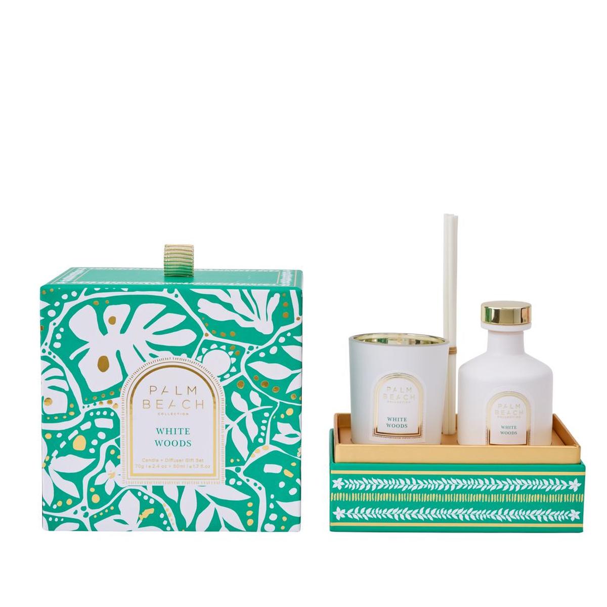 Palm Beach Collection White Woods Mini Candle and Diffuser Set – premium fragrance gift set in festive green patterned box.