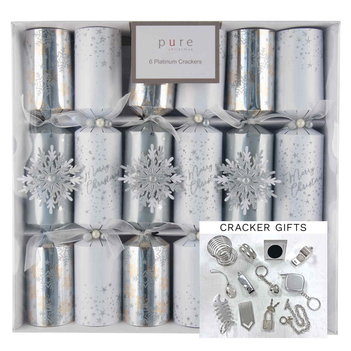 Pure Christmas Christmas Crackers Platinum Silver Pearl 36cm (Set of 6) | Minimax