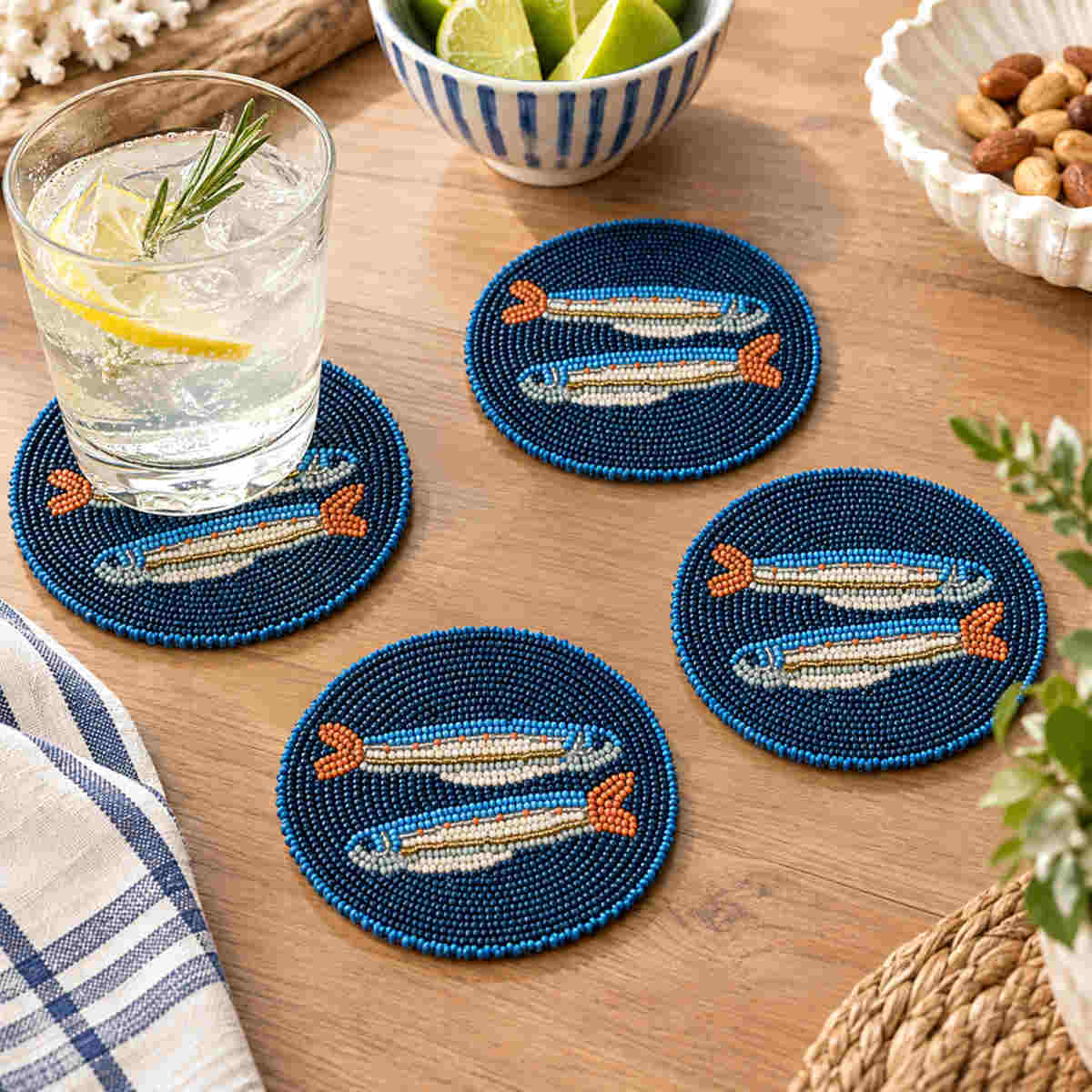 Coast To Coast Fishy Beaded Coaster Navy (Set of 4)