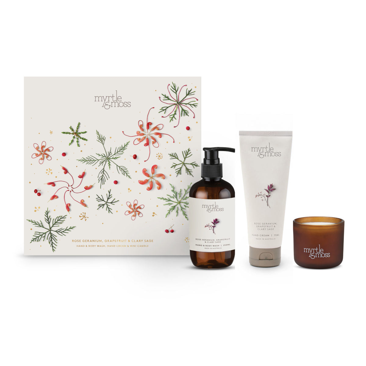 Myrtle and Moss Rose Geranium Trio 2026 Hand and Body Wash, Hand Cream, Mini Candle Gift Set