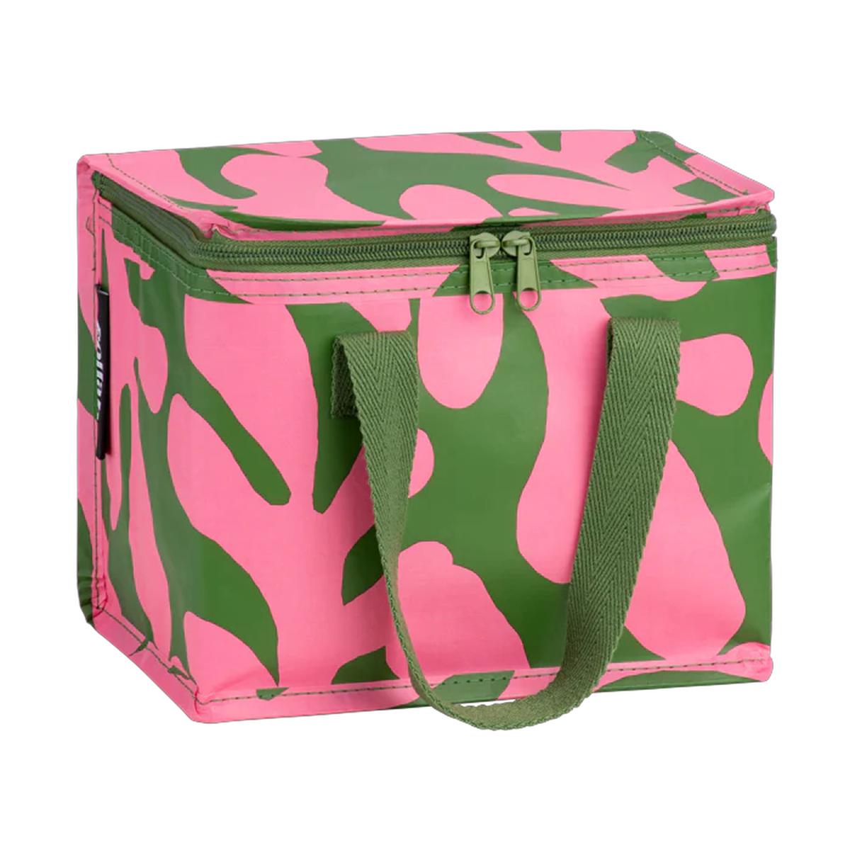 Kollab Lunch Box Coral Canopy featuring bold pink and green abstract print with green handles