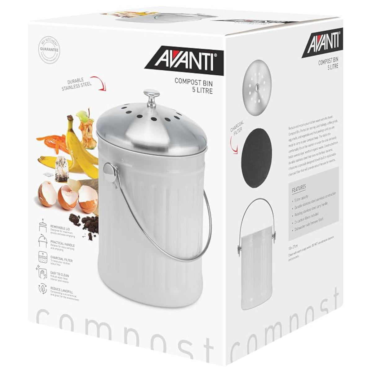 Avanti Stainless Steel Compost Bin  White Silver 5L