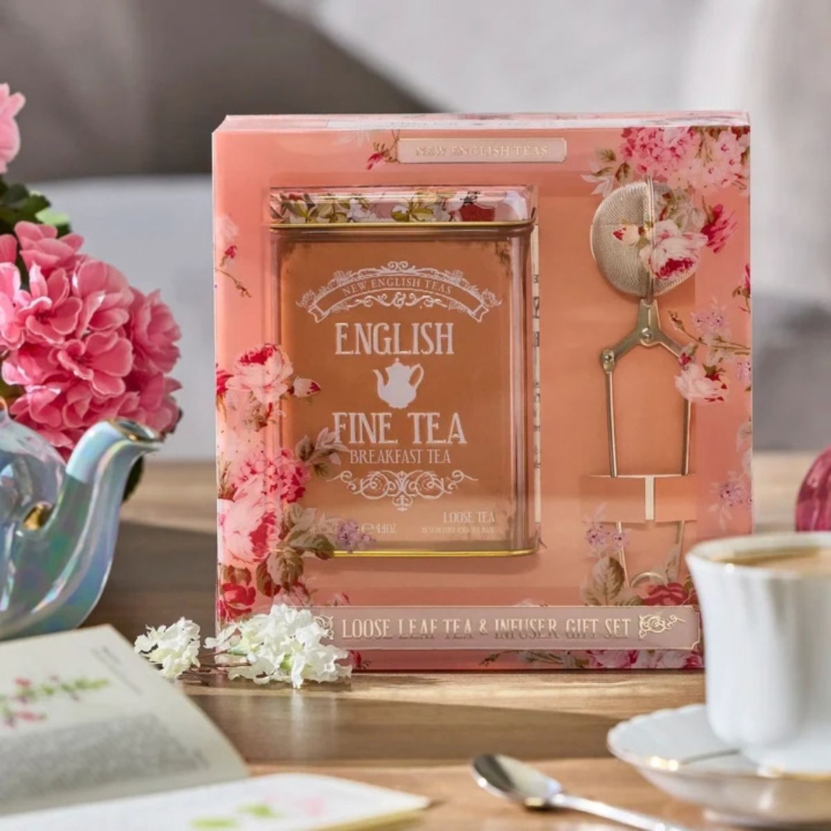 New English Teas Vintage Floral English Breakfast Loose Tea & Infuser Set Pink 125g