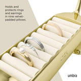 Umbra Dachsie Ring Holder Brass shaped like a dachshund with ridged tray along its back