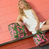 Kollab Lunch Box Coral Canopy featuring bold pink and green abstract print with green handles