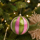 Florabelle Stripe Handpainted Capiz Bauble Green & Pink 8cm | Minimax