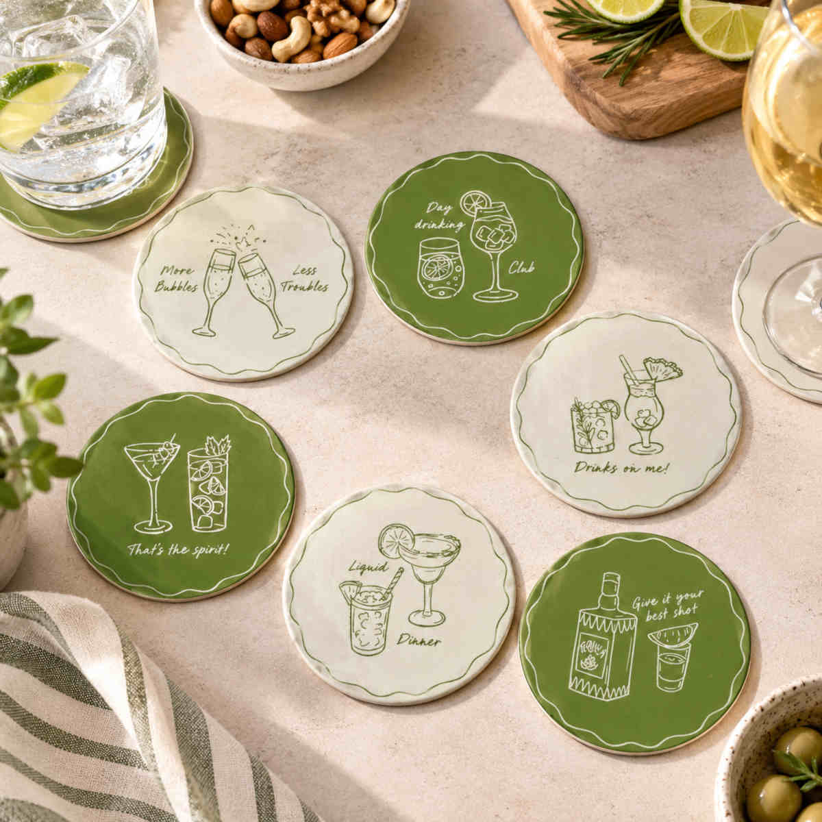 Assemble Happy Hour Ceramic Coaster 6 Assorted 10cm (Price per item)