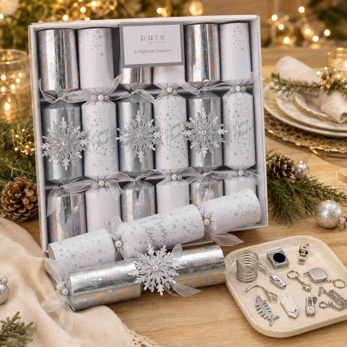 Pure Christmas Christmas Crackers Platinum Silver Pearl 36cm (Set of 6) | Minimax
