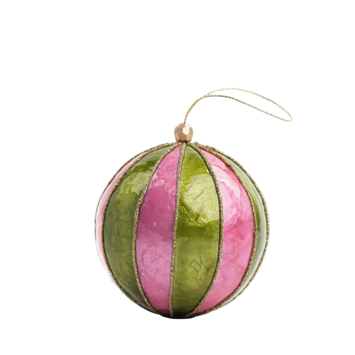 Florabelle Stripe Handpainted Capiz Bauble Green & Pink 8cm | Minimax