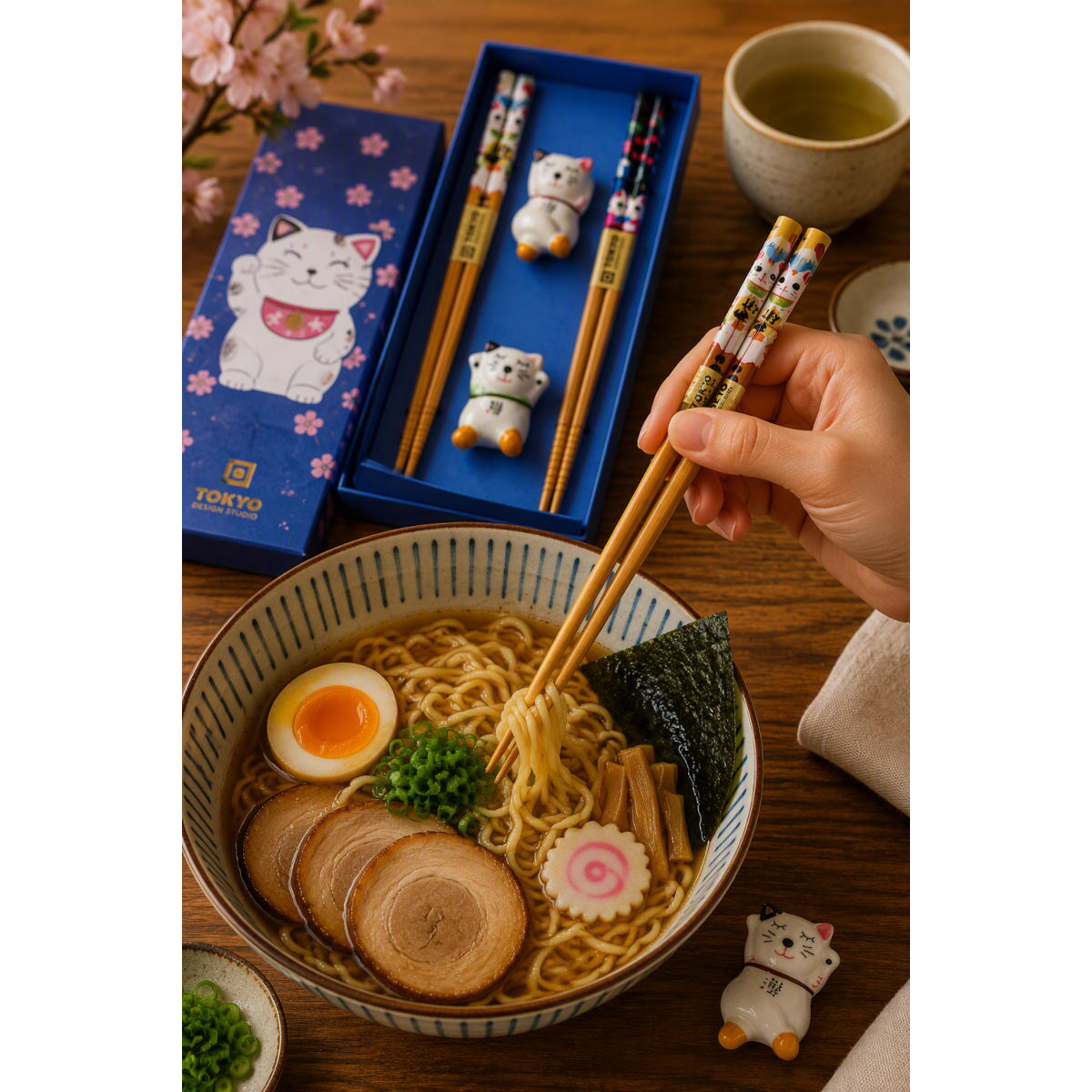 Tokyo Design Lucky Cat Chopstick with Rest 4 Pieces Set