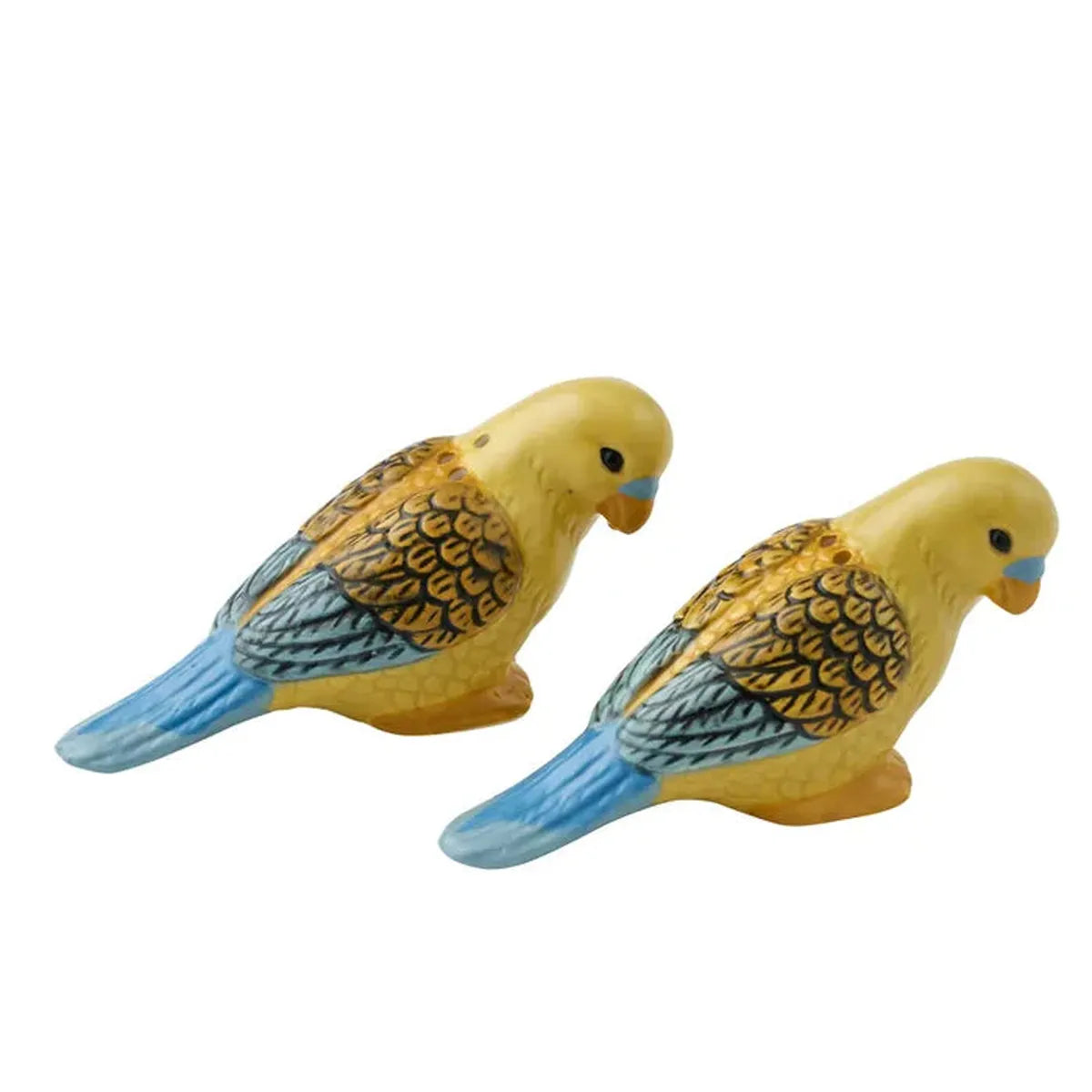 Kylie Ceramic Salt & Pepper Shakers Blue Multi 11x4x5cm – charming parrot-shaped shaker set in blue, yellow, and brown ceramic design.