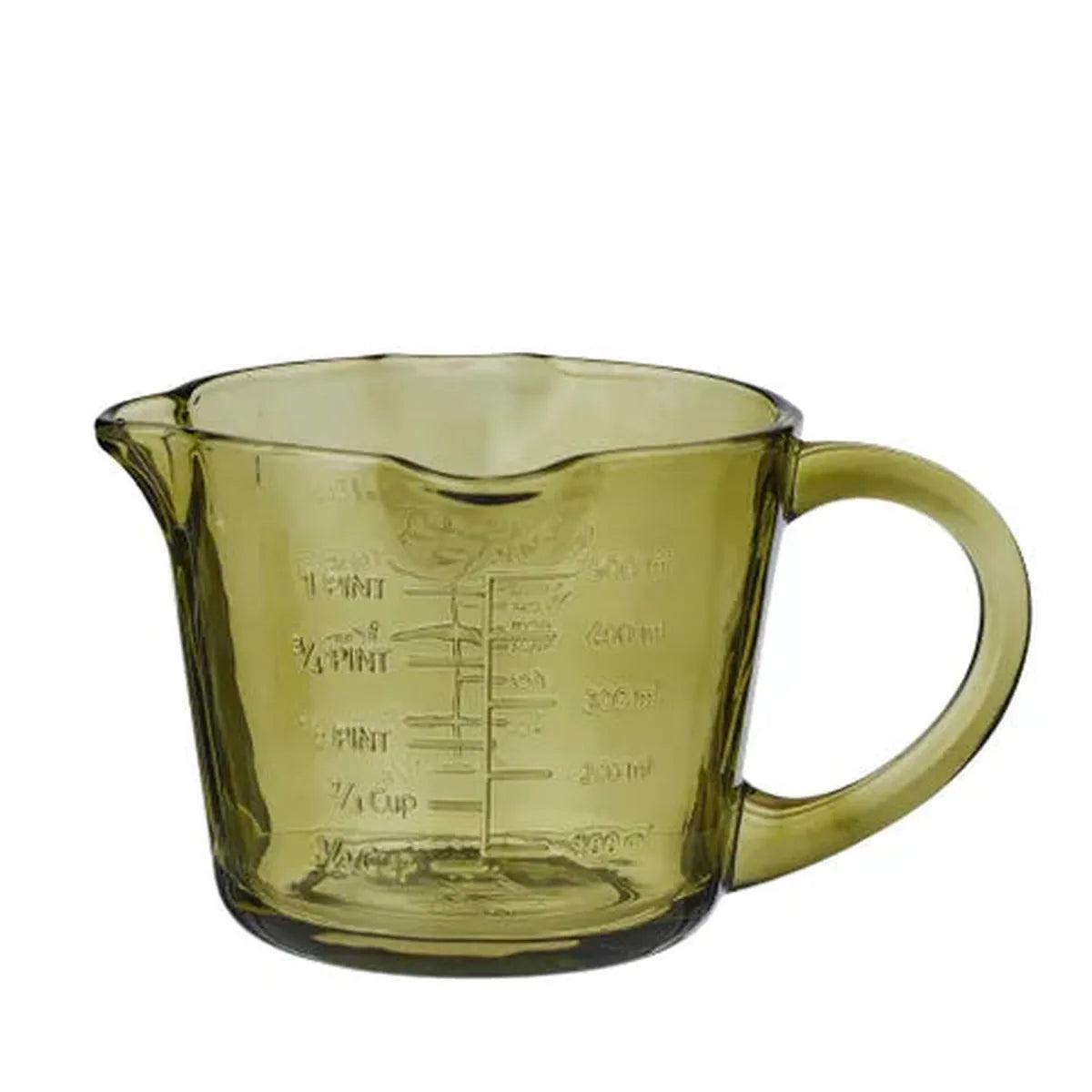 Lia Green Glass Measure Jug 16.5x14x10.5cm – durable green glass measuring jug with embossed markings, handle, and spout for pouring