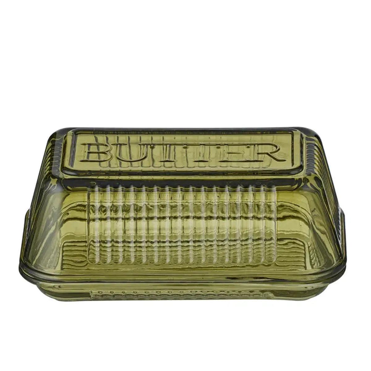 Lia Green Glass Butter Dish 17x10x7.5cm – vintage-inspired butter dish in green glass with embossed "BUTTER" text and ribbed detailing