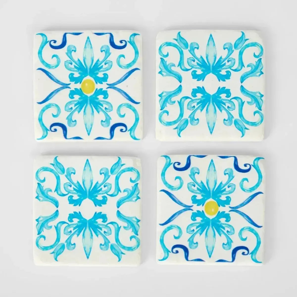 La Dolce Vita Blue Pattern Coasters Set of 4 – decorative square resin coasters with intricate blue floral pattern and Mediterranean style
