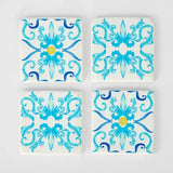 La Dolce Vita Blue Pattern Coasters Set of 4 – decorative square resin coasters with intricate blue floral pattern and Mediterranean style