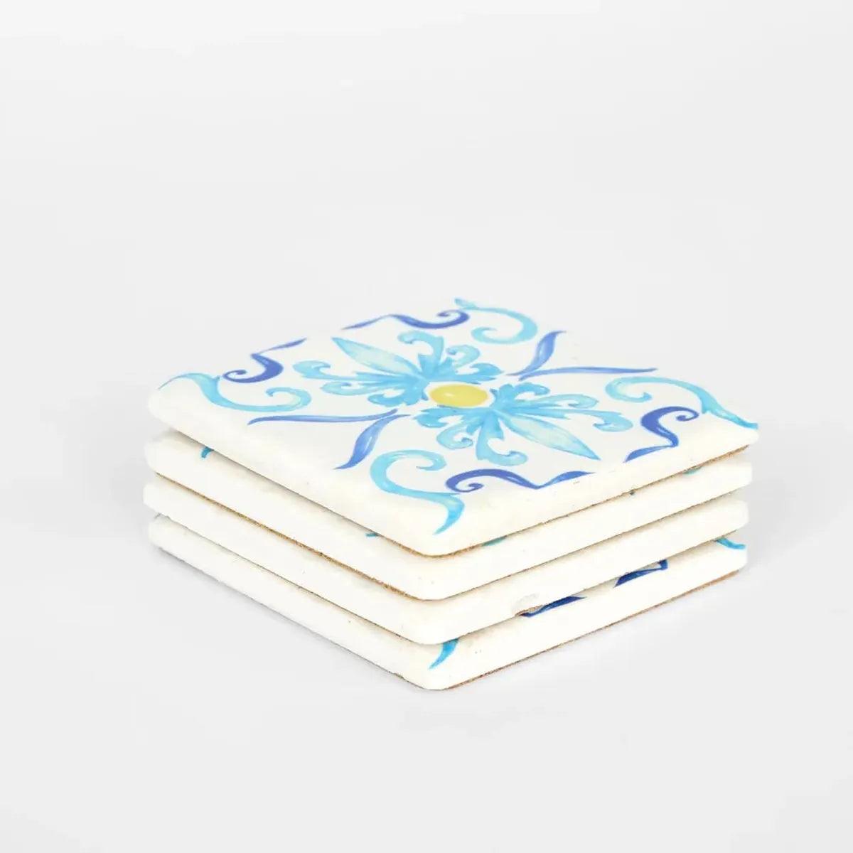 La Dolce Vita Blue Pattern Coasters Set of 4 – stylish resin coasters featuring ornate blue scroll design, perfect for dining and gifts