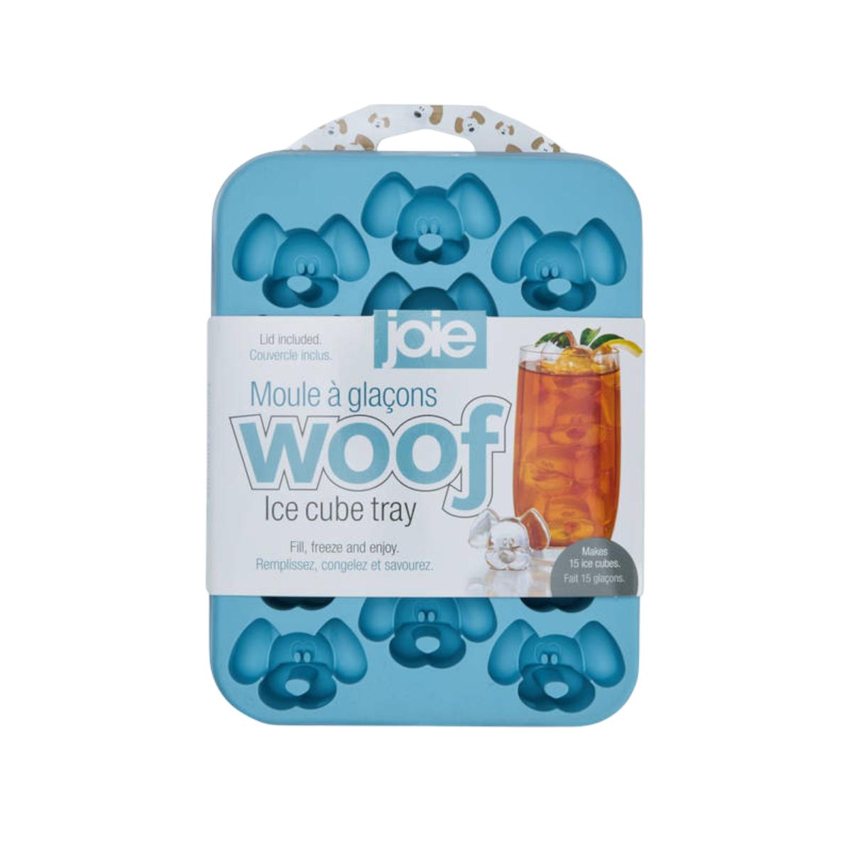 Joie Woof Ice Cube Tray in blue with dog-shaped molds and lid, makes 15 ice cubes, BPA-free and fun design for pet lovers