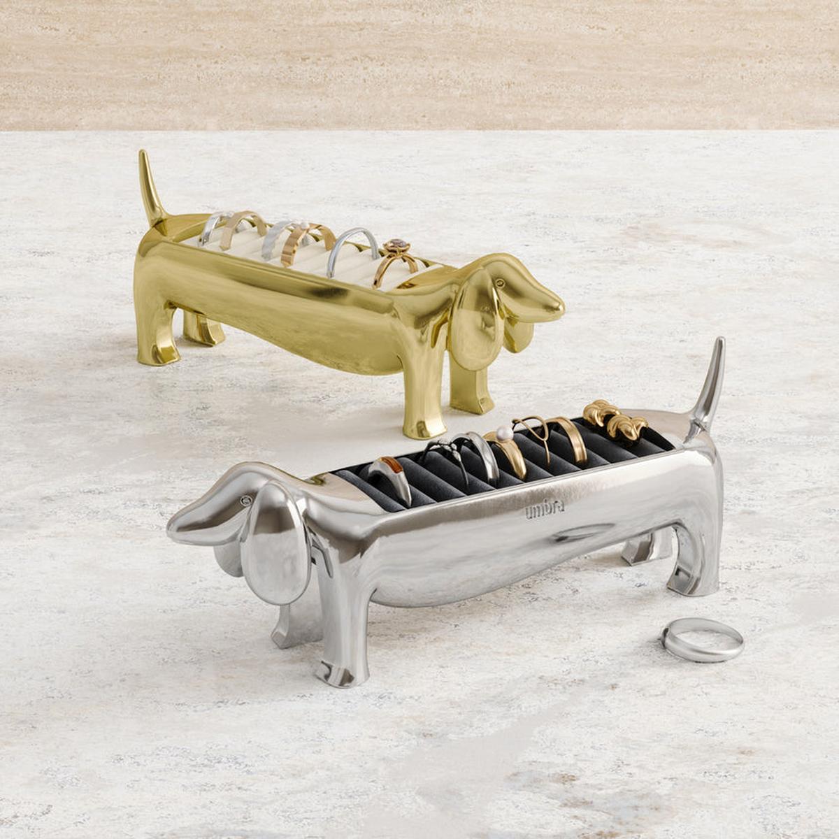 Umbra Dachsie Ring Holder Brass shaped like a dachshund with ridged tray along its back