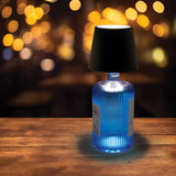 Maverick Rechargeable Bottle Lamp Black with black shade displayed on a blue ribbed bottle