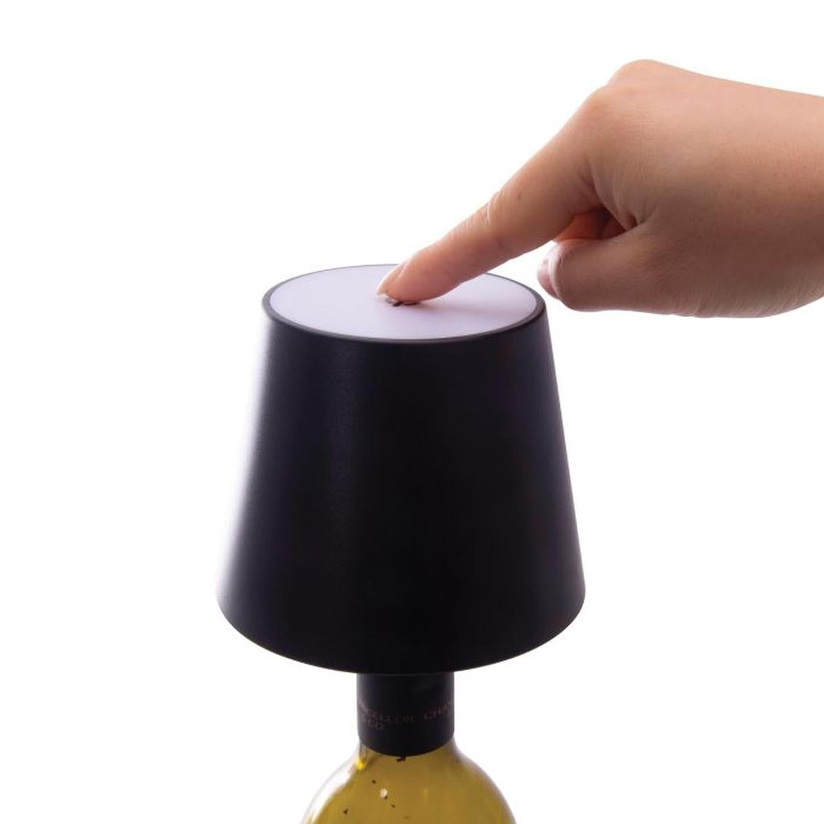 Maverick Rechargeable Bottle Lamp Black with black shade displayed on a blue ribbed bottle