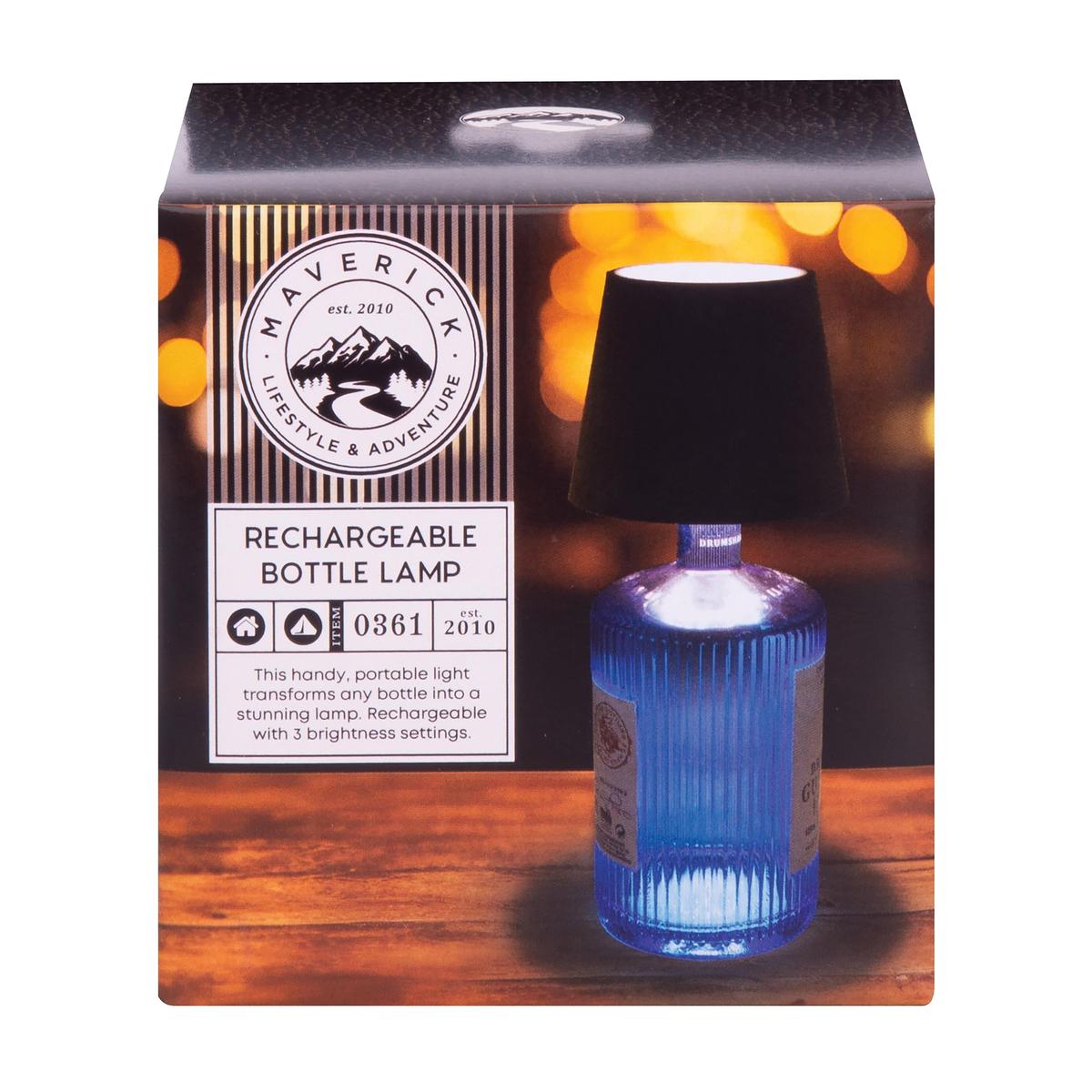 Maverick Rechargeable Bottle Lamp Black with black shade displayed on a blue ribbed bottle