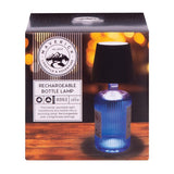 Maverick Rechargeable Bottle Lamp Black with black shade displayed on a blue ribbed bottle
