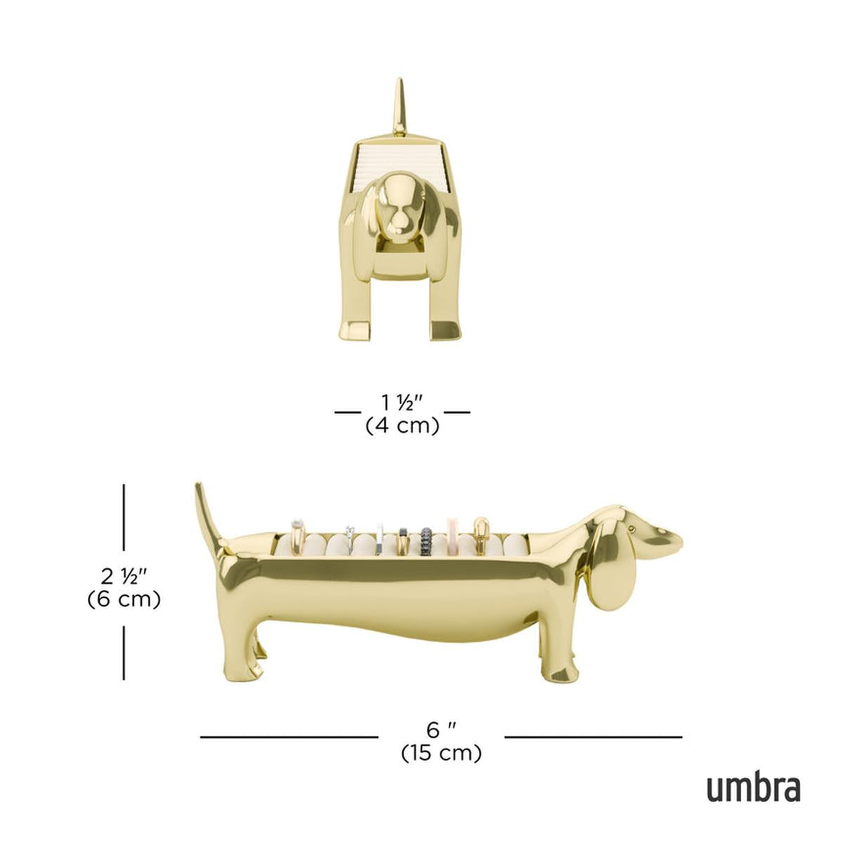 Umbra Dachsie Ring Holder Brass shaped like a dachshund with ridged tray along its back