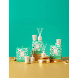Palm Beach Collection White Woods Mini Candle and Diffuser Set – premium fragrance gift set in festive green patterned box.