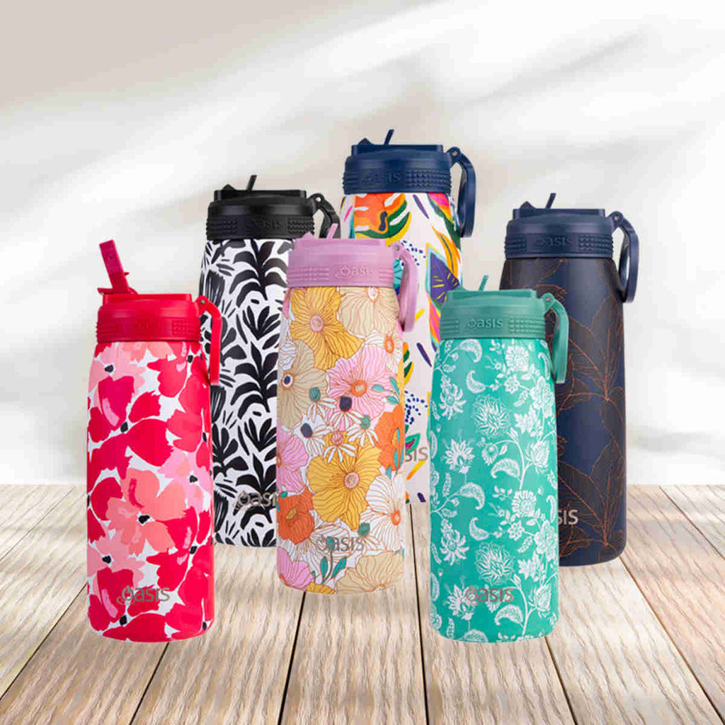 Oasis Stainless Steel Sports Bottle with Straw Monochrome Blooms 780ml | Minimax