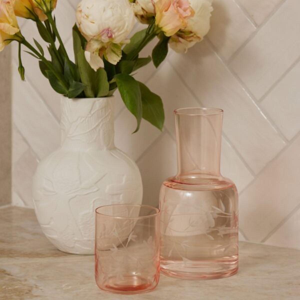 Pilbeam Living Blooming Bee Carafe Set Pink 770ml with etched floral design and matching glass