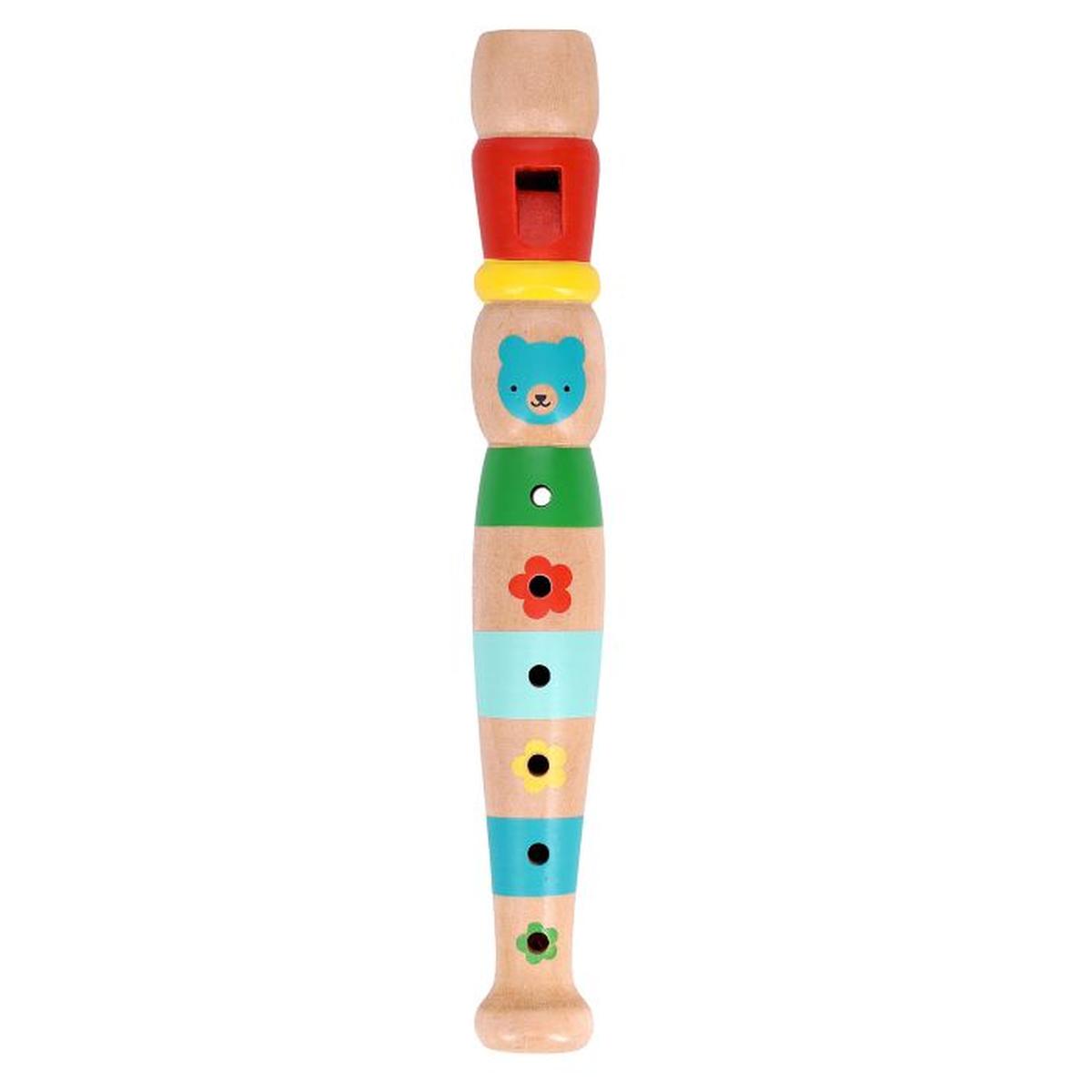 Petit Collage Playful Tunes Wooden Recorder 3x3x19cm featuring colourful animal and flower design