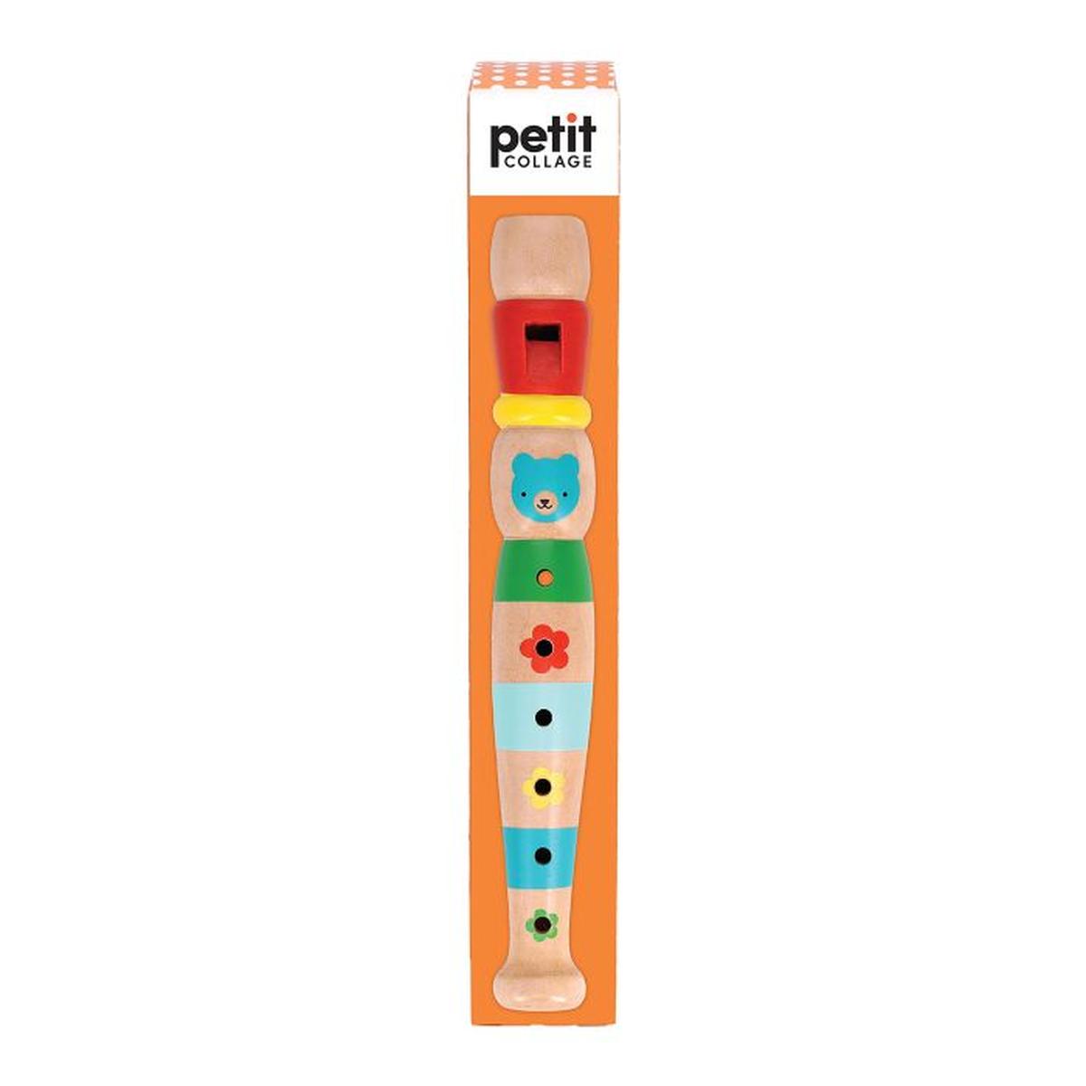 Petit Collage Playful Tunes Wooden Recorder 3x3x19cm featuring colourful animal and flower design