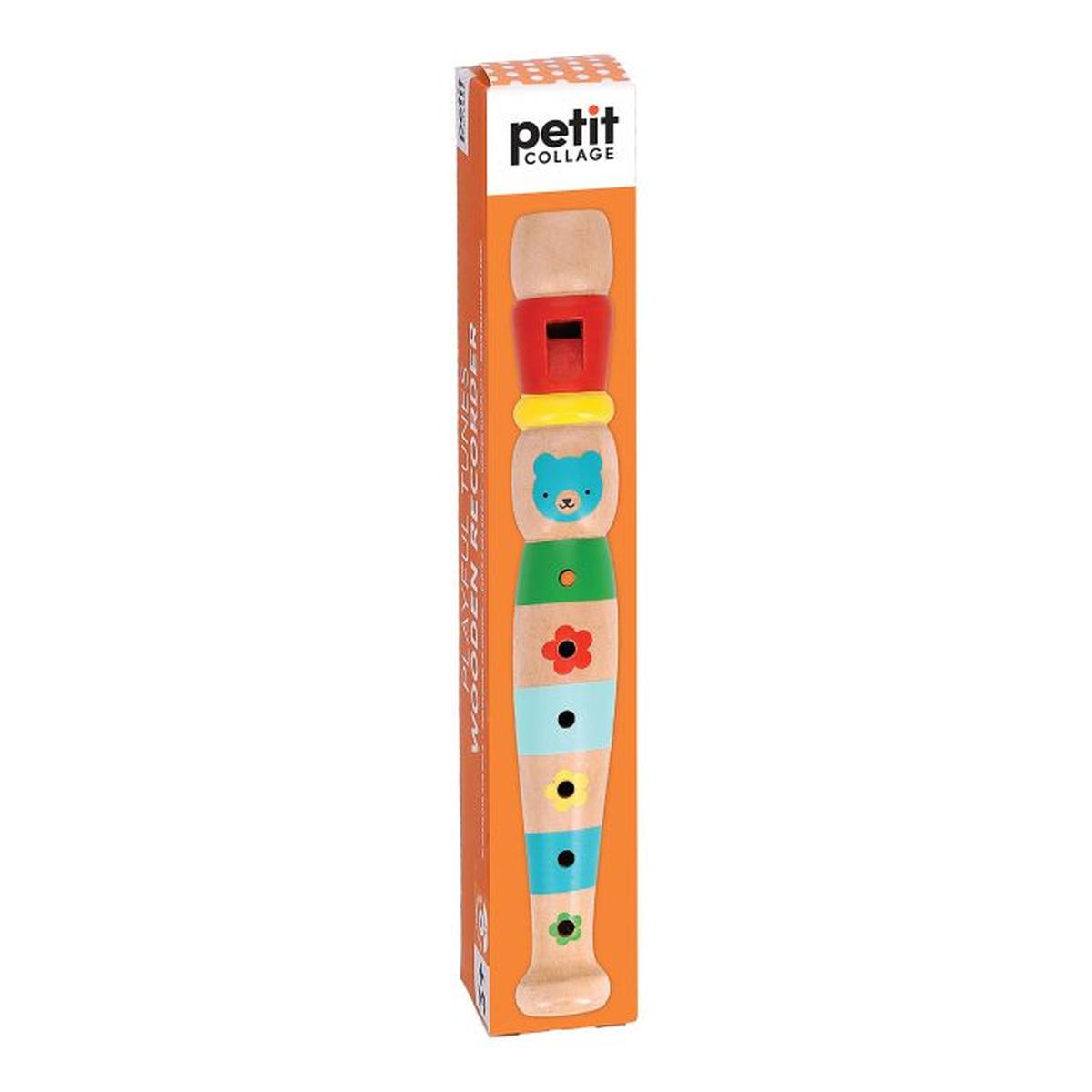 Petit Collage Playful Tunes Wooden Recorder 3x3x19cm featuring colourful animal and flower design