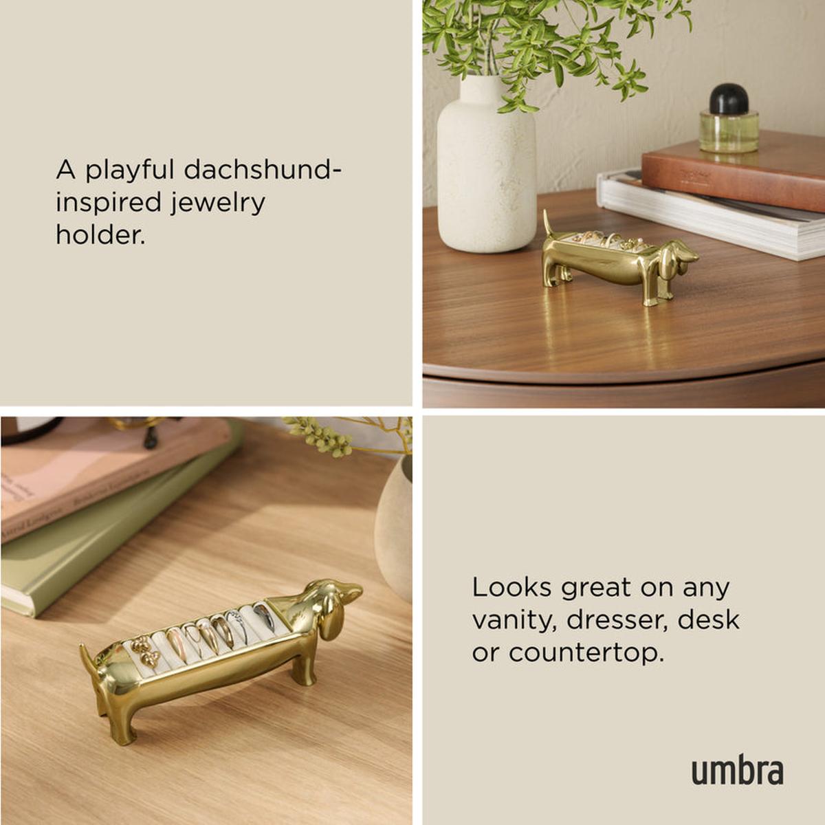 Umbra Dachsie Ring Holder Brass shaped like a dachshund with ridged tray along its back