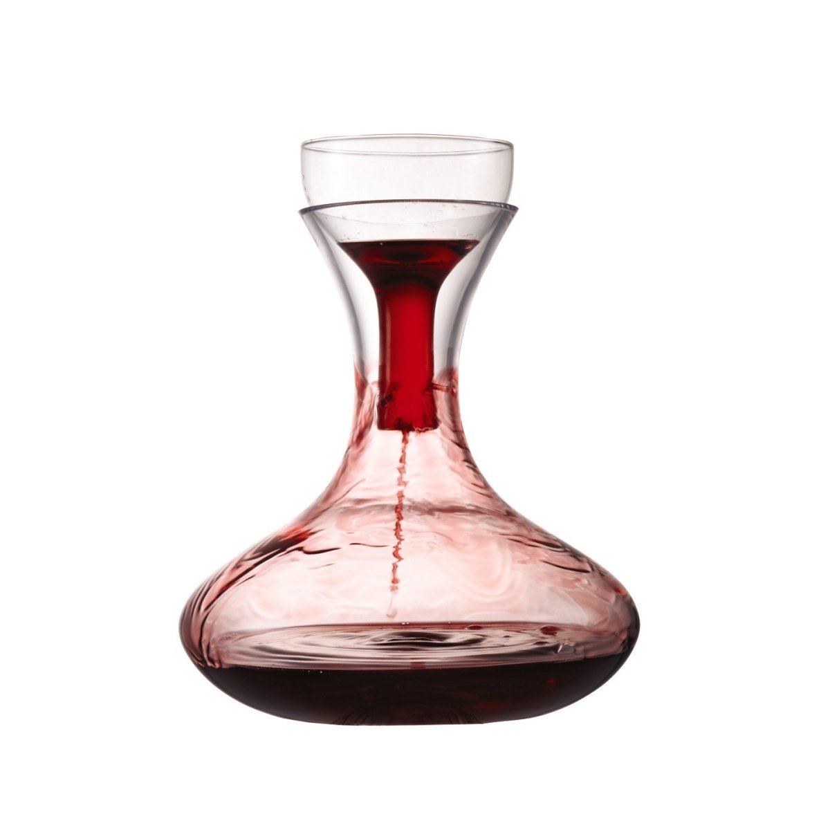 Casero Verre 1.7L wine decanter and aerator set shown front on with clear glass design and red wine inside