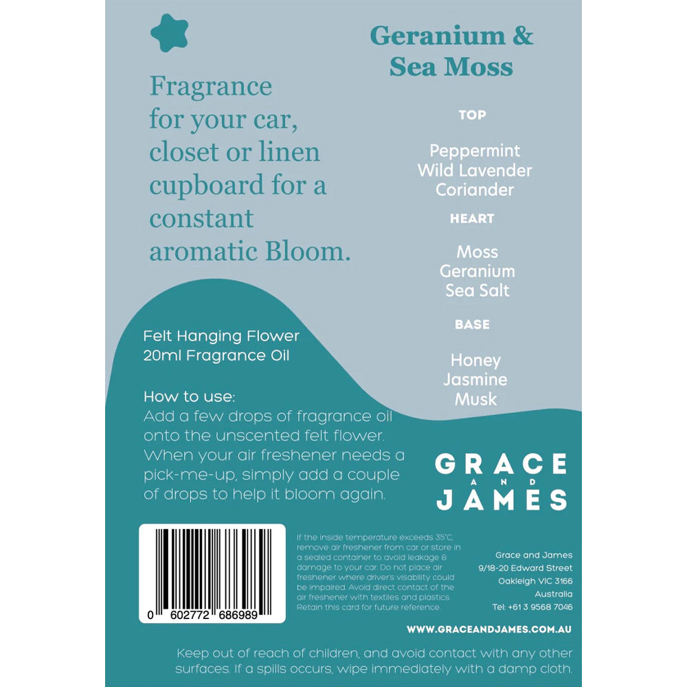 Grace and James Bloom Geranium & Sea Moss Felt Air Freshener 20ml