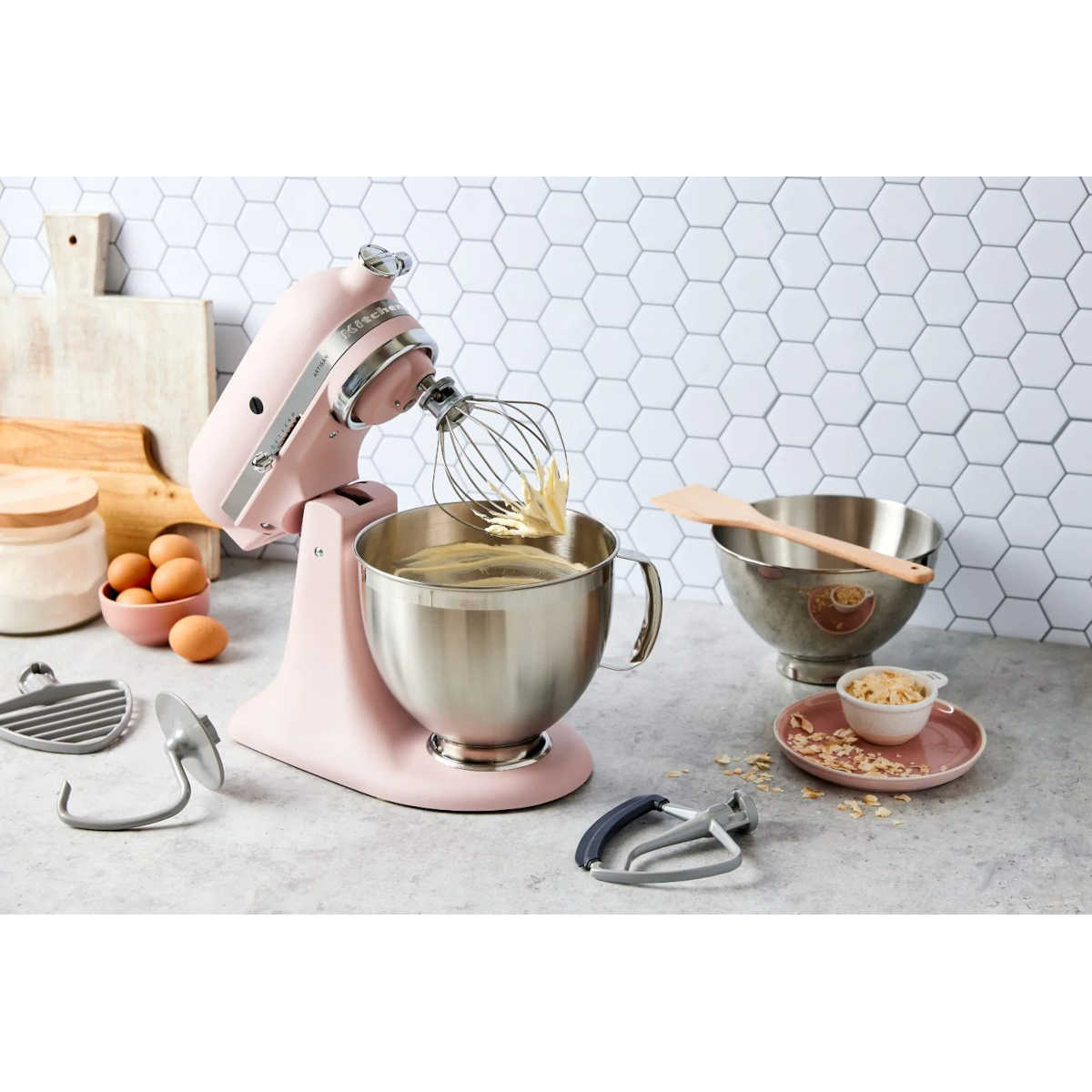 KitchenAid KSM195 Artisan Series Tilt-Head Stand Mixer with Premium Accessory Feathered Pink 4.8L | Minimax