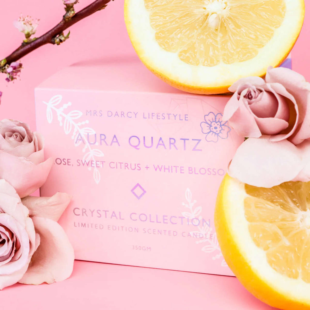 Mrs Darcy Aura Quartz Candle - Rose, Sweet Citrus + Blossom 350g | Minimax