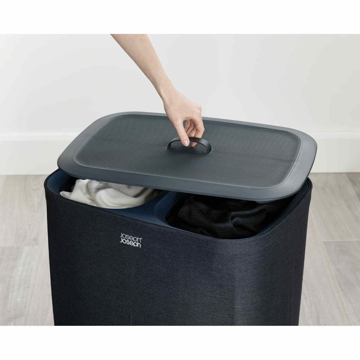 Joseph Joseph Tota laundry separation basket in black with dual compartments
