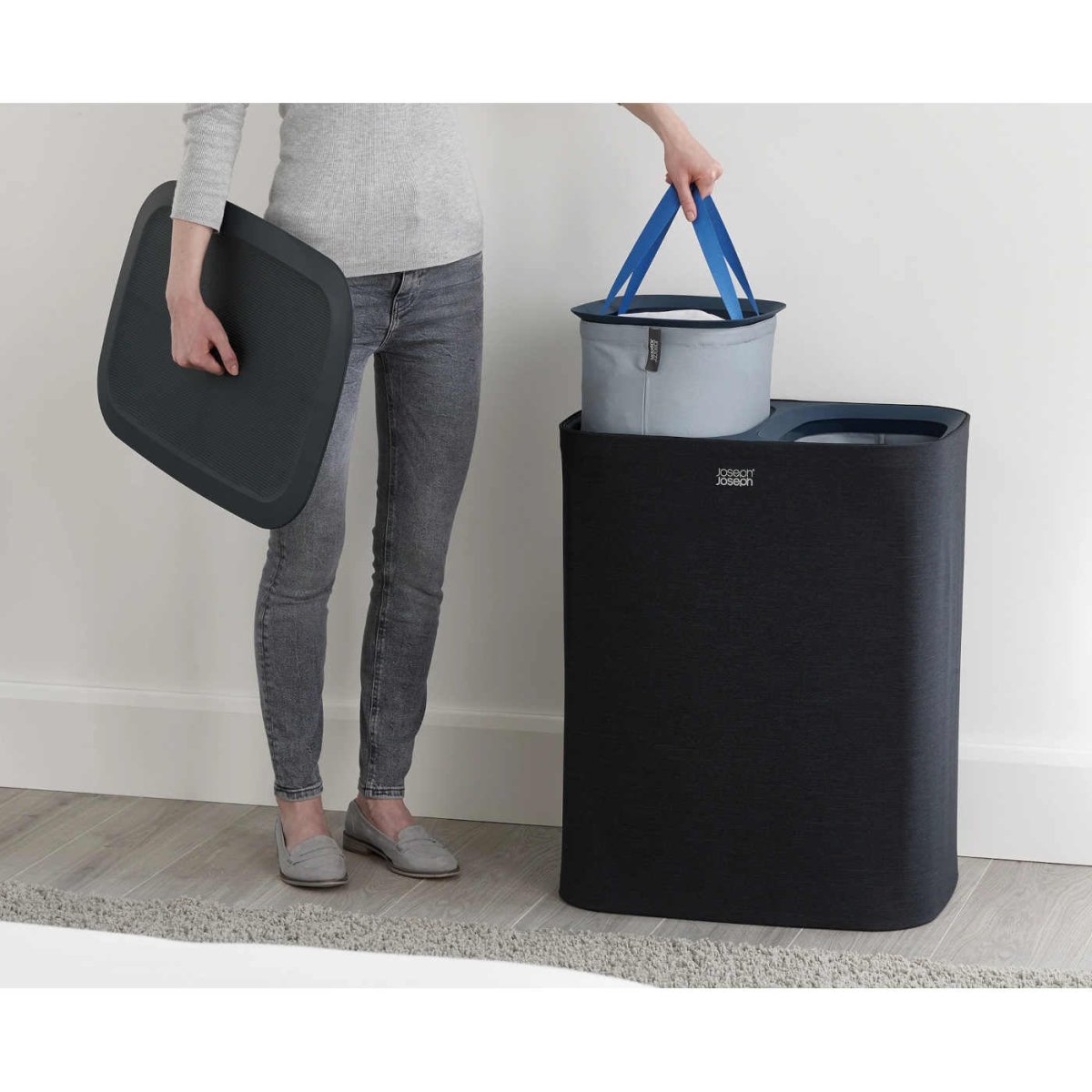 Joseph Joseph Tota laundry separation basket in black with dual compartments
