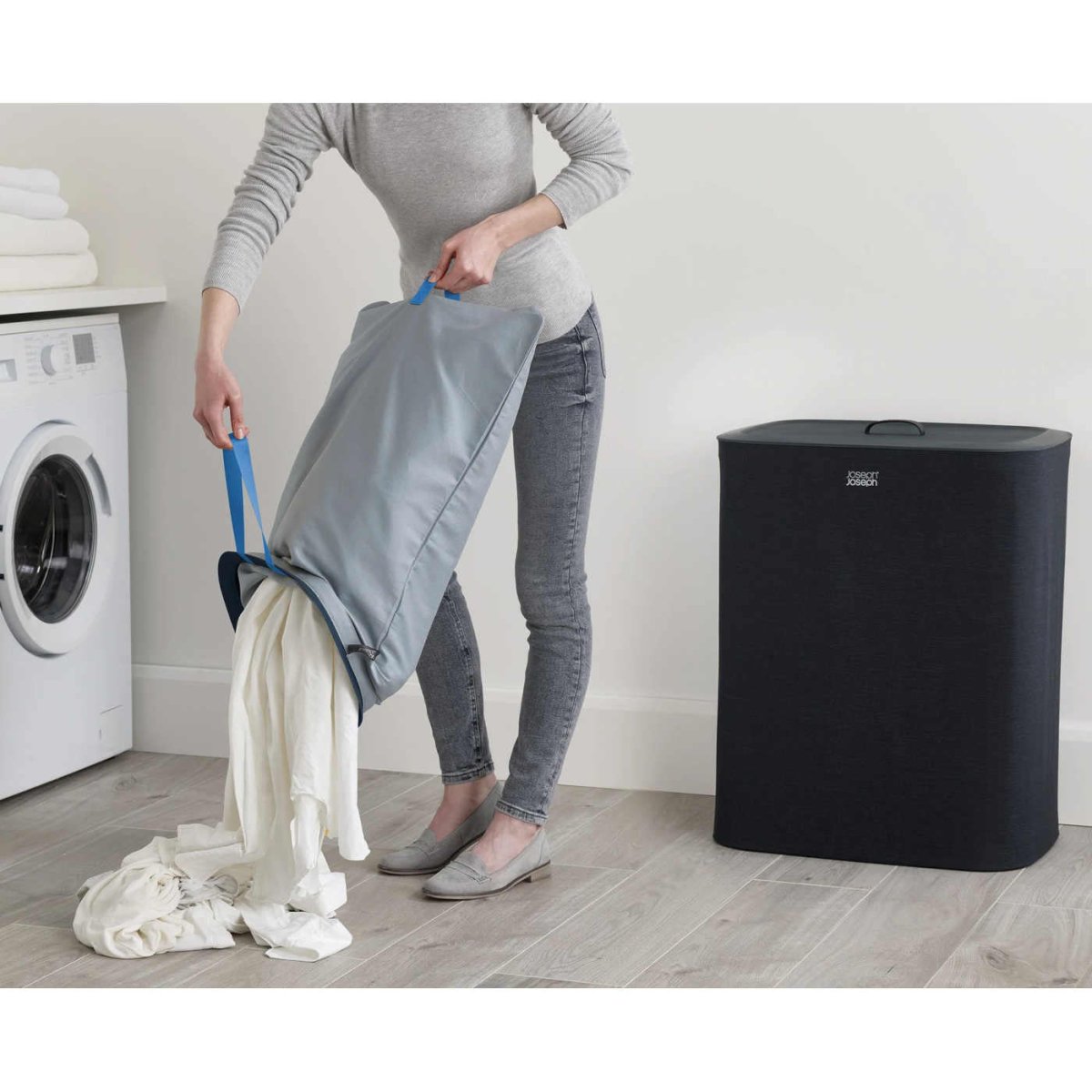 Joseph Joseph Tota laundry separation basket in black with dual compartments