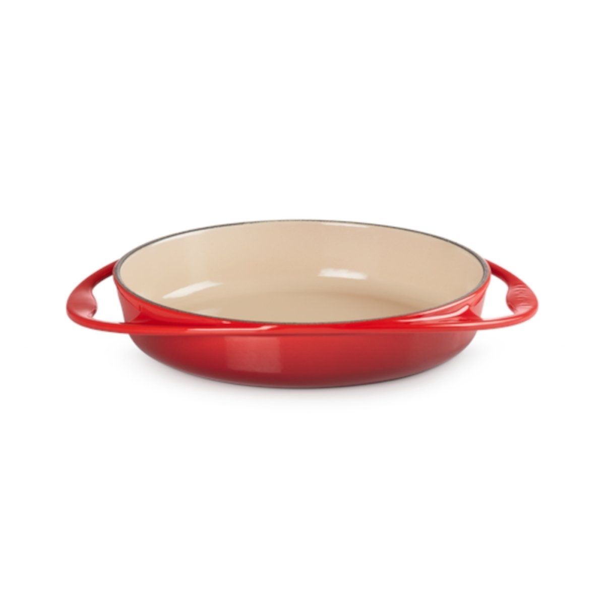 Le Creuset Cast Iron Tatin Dish 25cm Cerise red with cream enamel interior and looped handles, ideal for baking tarts and roasting