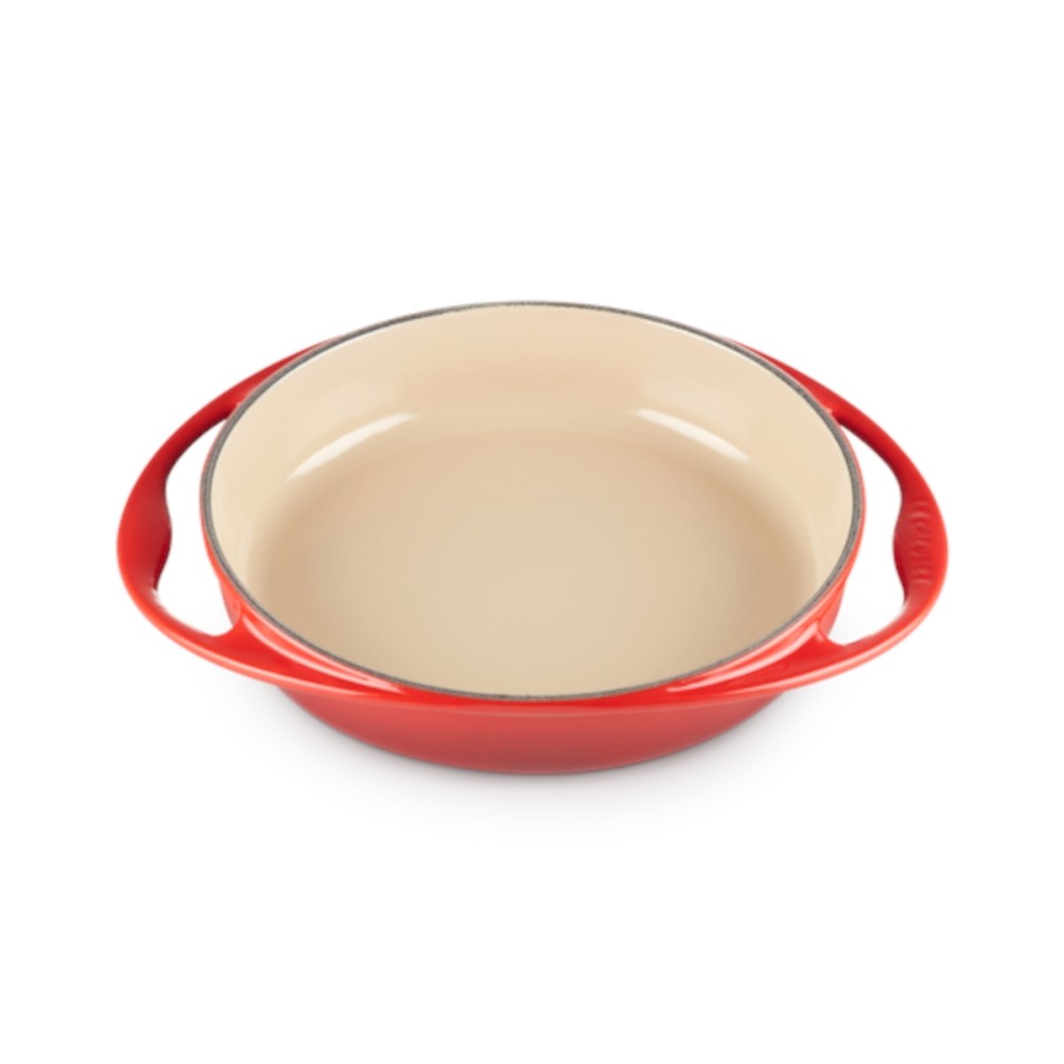 Le Creuset Cast Iron Tatin Dish 25cm Cerise red with cream enamel interior and looped handles, ideal for baking tarts and roasting